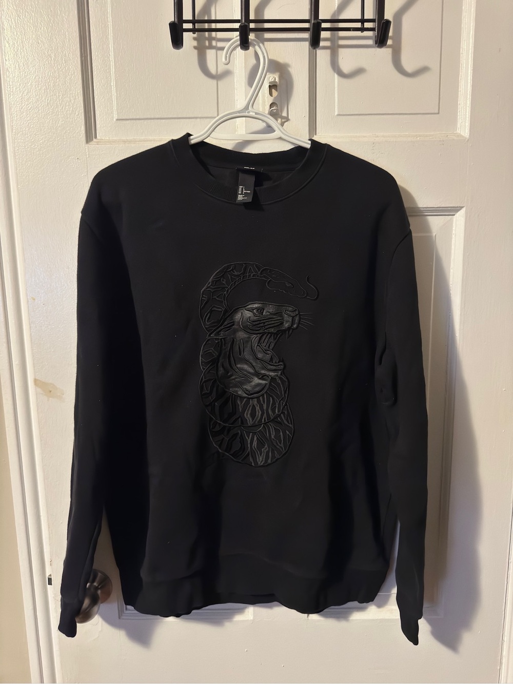 H&M Black Crewneck Sweatshirt with Tonal Embossed Snake and Panther Motif